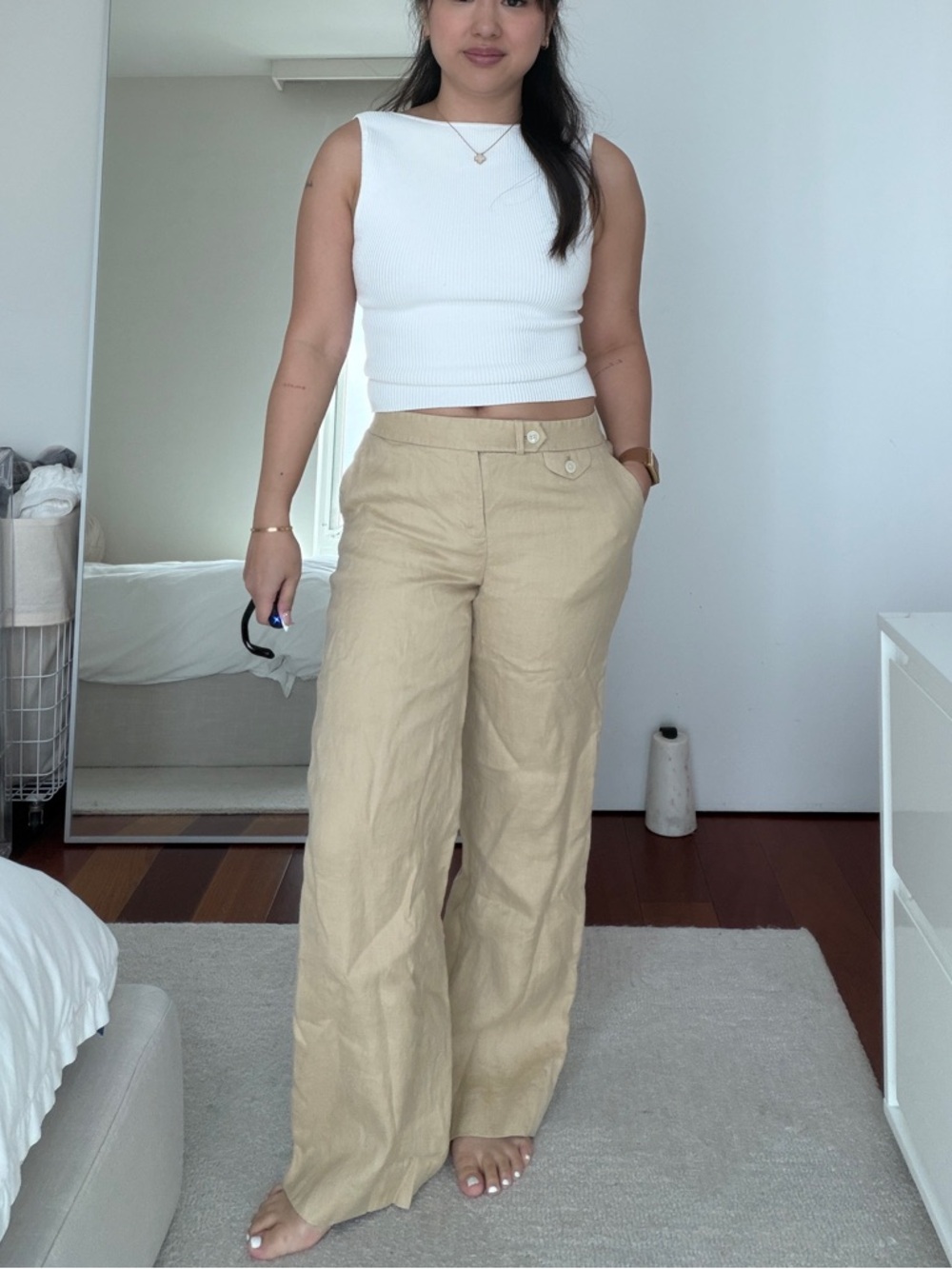 Ralph Lauren Beige Wide-Leg Linen Pants